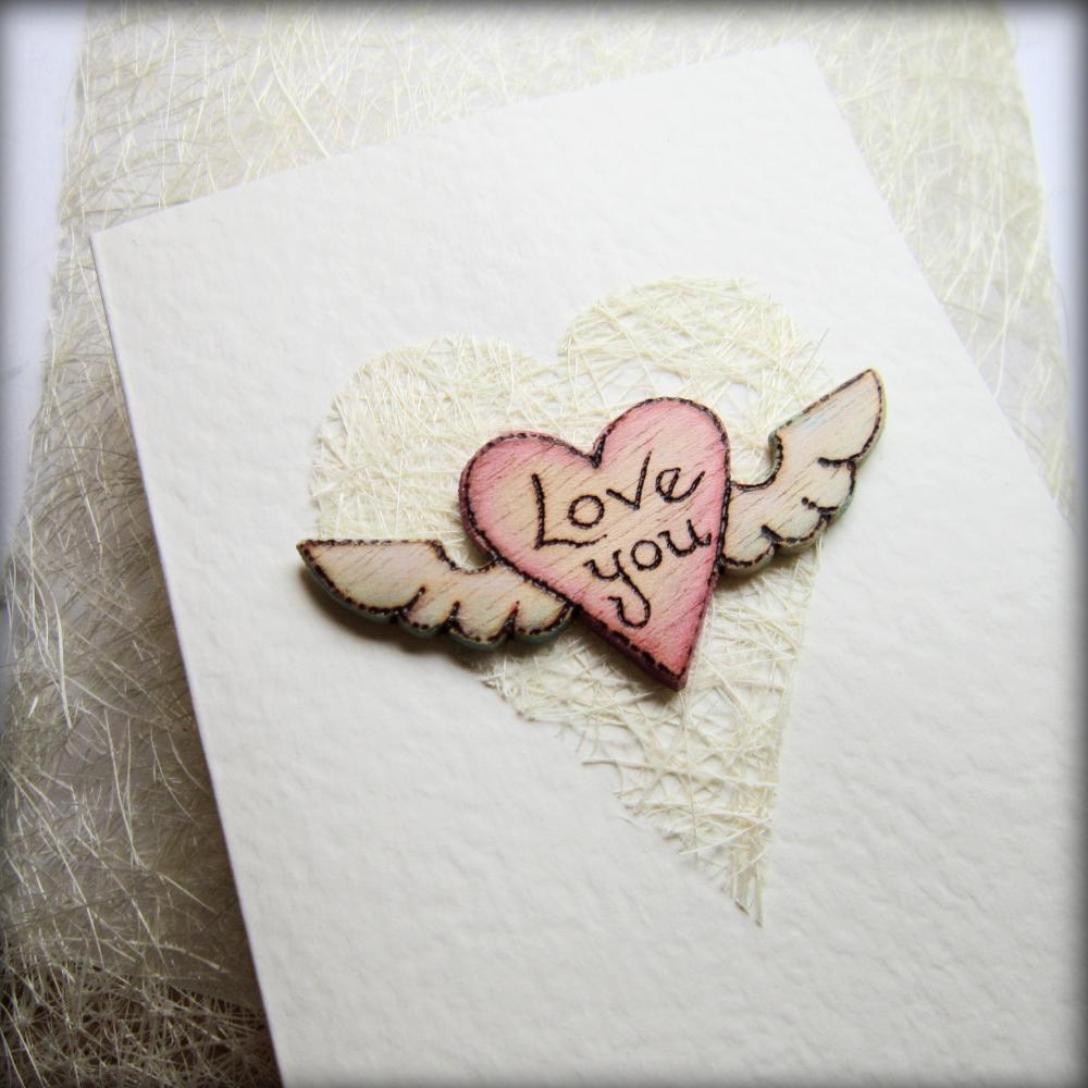 White Heart Card ~ Wooden Winged 'love You'