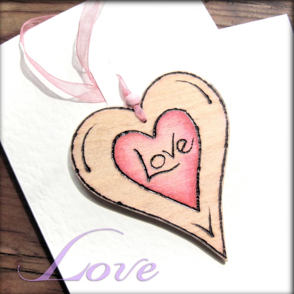 Wood Heart-on-a-card - 'love' Hanging Wooden Heart ... Weddings, Anniversarys, Celebrations, Love Token
