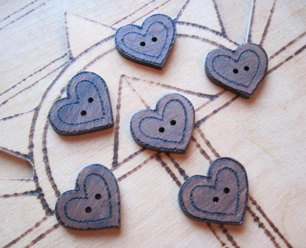 6 Wood Heart Buttons - Handcrafted Pyrographed Walnut Delights - Hand Cut With Love