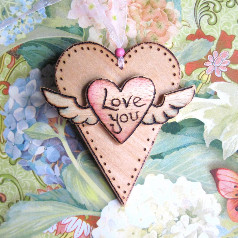 Love You Wooden Winged Heart - Wood Burnt, Hand Painted, Ready To Hang