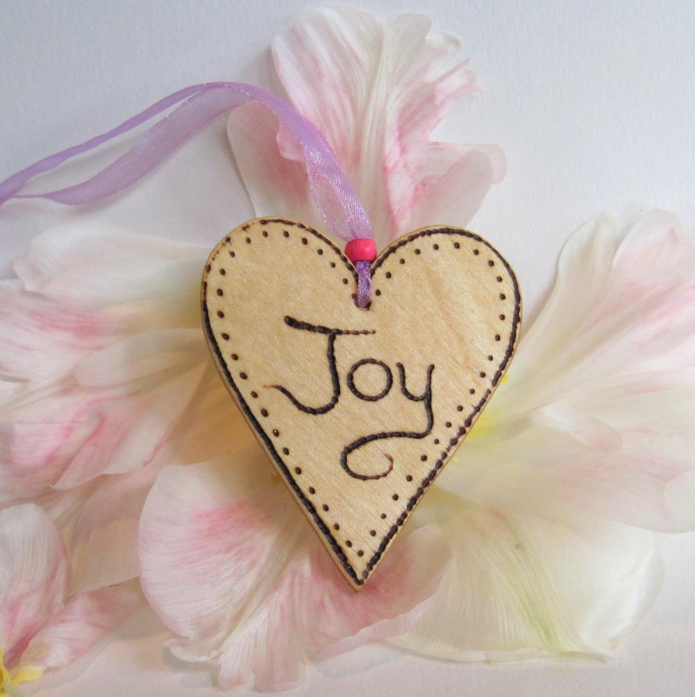 Hanging Wood Heart - Joy - Wood Burnt Hand Crafted With Love