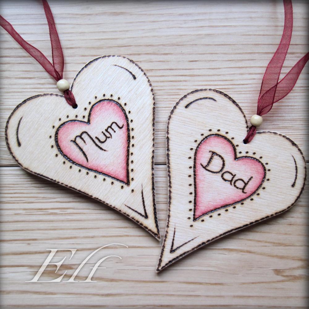 Mum And Dad Wooden Hearts - Pyrographed And Personalised