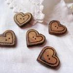 6 Wood Heart Buttons - Handcrafted Pyrographed..