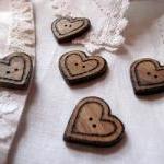 6 Wood Heart Buttons - Handcrafted Pyrographed..